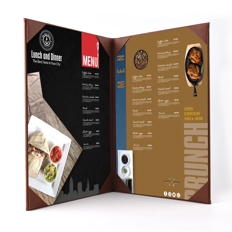 Oem da cổ điển cuốn sách menu bìa tùy chỉnh A4 kích thước hoặc Kích thước hợp pháp menu cuốn sách thư mục Bìa