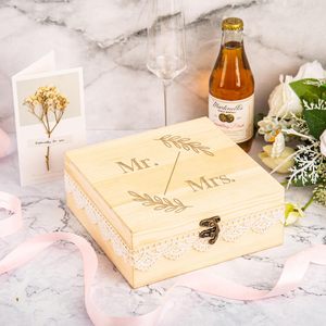 Boîte de souvenirs en bois avec couvercle Boîte de rangement en bois avec bord en dentelle, parfaite pour les couples, douche nuptiale d'anniversaire de mariage, cadeaux - Product Image 2