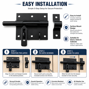 Loquet coulissant de porte en acier noir thermolaqué antirouille avec plaque de fixation pour portail de garage OEM - Product Image 3