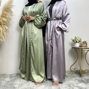 Spring Summer Abaya Smooth Thick Satin Solid Color Simplicity With Pockets Cardigan Muslim <b>Islamic</b> Women Clothing 1917# - Product Image 6