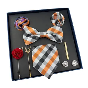 Conjunto de gravata larga masculina, lenço quadrado, vermelho, amarelo, de bolso, com caixa de presente, para casamento