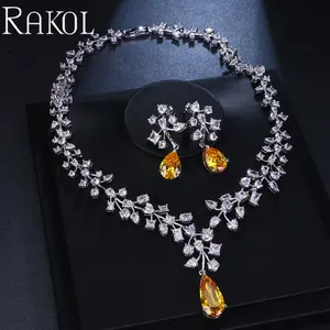 RAKOL SPA043 लक्जरी पत्ती waterdrop घन zirconia पन्ना क्रिस्टल दुबई शादी का हार स्टर्लिंग चांदी के गहने फैशन सेट