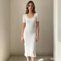 Faith Midi Robe côtelée moulante blanche à manches courtes pour femme, longueur extra-longue, haute qualité, OEM & ODM, vente en gros