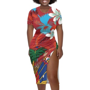 Chất Lượng Cao Haiti Áo Của Cánh Tay Đầy Đủ In Màu Xanh Hải Quân Của Phụ Nữ Mùa Hè Sexy Ngắn Tay Áo Side Chia Bodycon Ruched Midi Dress Mềm - Product Image 3