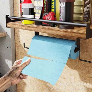 Wooden Wall Mounted Tissue Holder 3 Tier Shelf For Garage <b>Kitchen</b> Storage Rack With <b>Paper</b> Roll Holder - Product Image 1