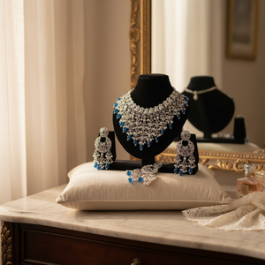 <b>Silver</b> Plated Fine Jewelry Set with Crystal Stone and Pearls <b>Choker</b> Necklace - Product Image 3