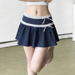 Jupe midi décontractée pour femme à imprimé pois, avec dentelle et nœud, taille basse, coupe trapèze, style doux et tendance - Product Image 4