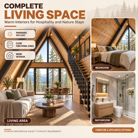 Maison préfabriquée en A-frame, cabane modulaire de glamping avec mur-rideau en verre pleine hauteur, structure en acier et balcon surélevé pour projet hôtelier