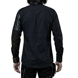 Gothic Men's Black <b>Shirt</b> With <b>Leather</b> Panels Studded Mandarin Collar Full Sleeve Dress <b>Shirt</b> Autumn Style - Product Image 2