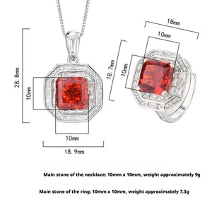 Premium Eco-friendly Copper High Quality Jewelry Set 10*10mm Square Cut <b>Red</b> Cubic Zirconia Iced Out Necklace Ring for Women <b>Gift</b> - Product Image 2