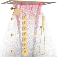 HOMEDEC Système de douche thermostatique en laiton avec mitigeur numérique à double affichage LED (Cascade/Pluie/Brouillard), vanne de 6 pouces et 6 jets latéraux, finition Or brossé