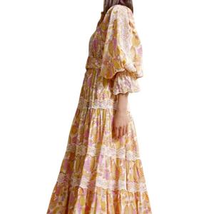 Nouveautés explosives : Robe longue tendance pour femme à manches lanternes, imprimée et à col contrastant - Product Image 2