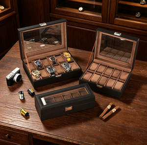 Boîte de rangement pour montres en cuir PU avec couvercle en verre transparent, étui de présentation multi-emplacements, plusieurs couleurs et tailles pour collection de montres - Product Image 4