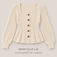 Cardigan en maille personnalisé pour femme, col carré, ourlet peplum, boutonné, manches bouffantes, coupe ajustée, pour le quotidien