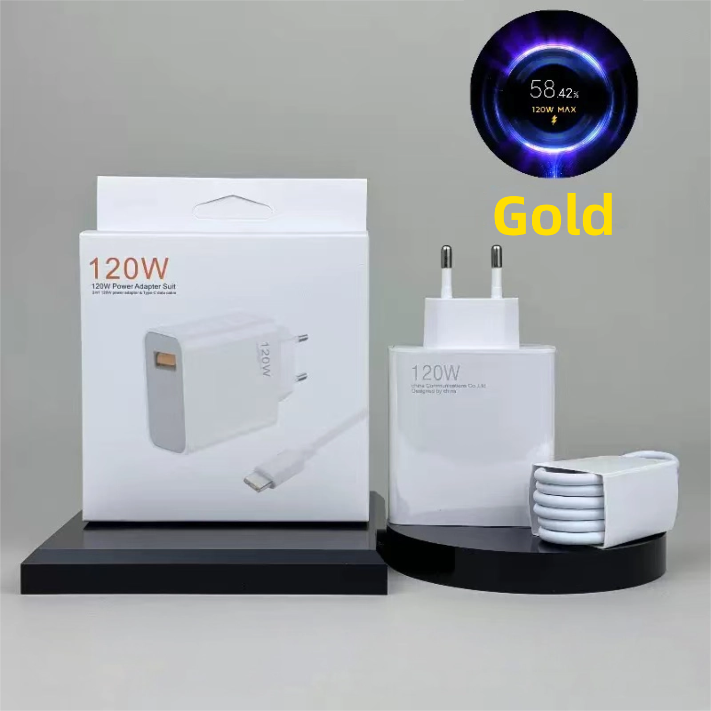 [Bianco] Caricatore da 120 W + cavo da 1 M dorato