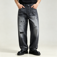 Jean délavé pour homme, coupe droite, effet usé, cinq poches, denim foncé, fabricant OEM personnalisé