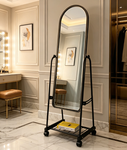 <b>Arched</b> Full Length Floor Mirror Adjustable Standing Vanity Mirror With Wheels Storage Shelf for Bedroom Dressing Room - Product Image 4