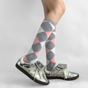 Style académie femmes couleur-bloc motif diamant Slouch chaussettes printemps automne Long Tube mollet longueur équipage tricoté - Product Image 5