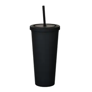 Bicchieri per bevande fredde sfuse in plastica nera opaca acrilica colorata a doppia parete riutilizzabili personalizzati da 22 once con coperchio e cannuccia