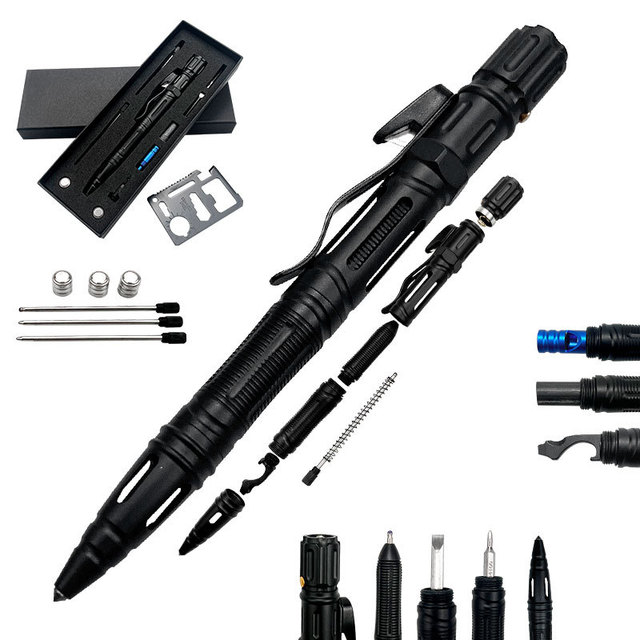 EDC Tactical Pen Aluminum Alloy Multi-Function Anti-Wolf Ballpoint Pen LED Light Window Breaker Whistle Outdoor