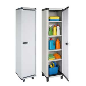 Armoire de rangement 1 porte en résine grise 39x39x175 cm, 5 étagères, armoire haute polyvalente avec pieds - Product Image 1