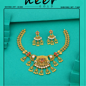 Traditional gold necklace set with intricate temple design red and white <b>stones</b> bridal jewelry elegant ethnic wear - Product Image 2