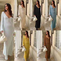 Dames Lange Gebreide Jurk Uitgehold Diepe V-Hals Lange Mouw Bikin Mode Cover Up Strand Club Sexy Elegant Doorzichtige Jurken Nieuw