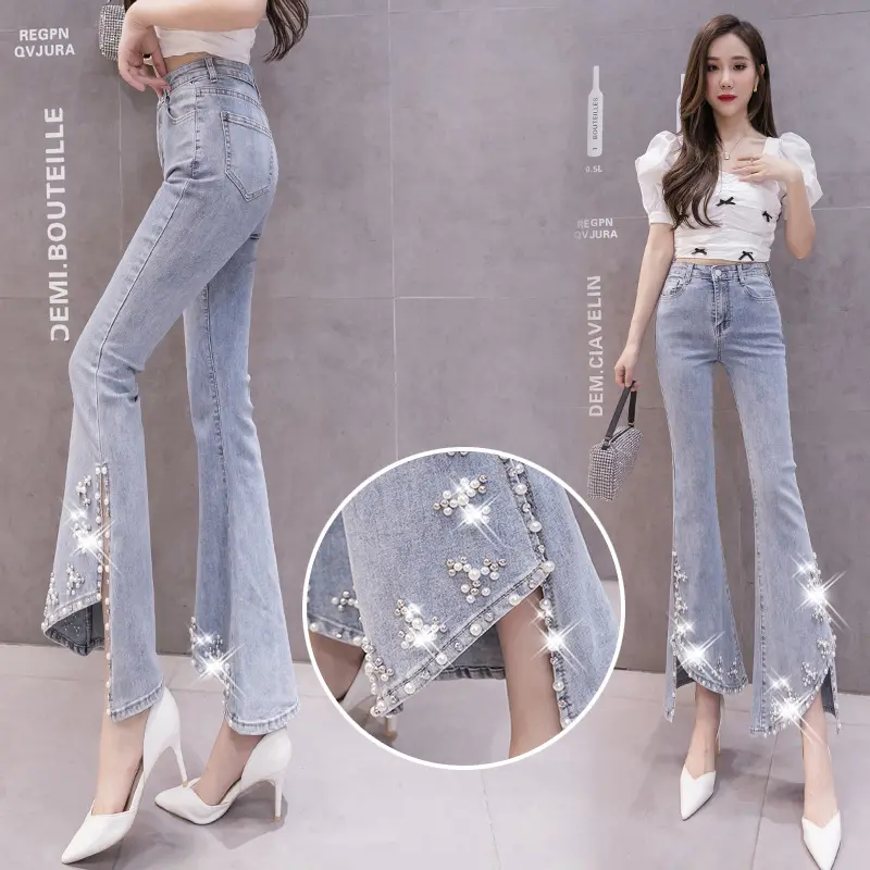 Damen Split Jeans mit Perlen abnehmen koreanischen Stil, High Waist All-Match enge Trompeten hose Frühlings-und Sommer mode