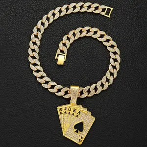 Iced Out 15mm Cuban Chain With Alloy And Bling Rhinestone Hip Hop Playing Cards Pendant Necklace