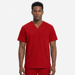Men's Red V-Neck <b>Scrub</b> <b>Top</b> With Three Pockets Hospital Uniform Cotton Polyester Woven Fabric - Product Image 1