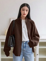 Damen-Strickjacke im koreanischen Stil für den Herbst, dick, mit langen Ärmeln, einfarbig, Stehkragen, Reißverschluss