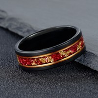 Bague en tungstène noir 8 mm avec émeraude verte, incrustation de feuille d'or malachite, ligne dorée plate, alliance pour homme