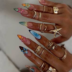 30 قطعة من الأظافر الاصطناعية الفاخرة ثلاثية الأبعاد متعددة الألوان منقوشة يدويًا من الأكريليك قابلة لإعادة الاستخدام بالجملة - Product Image 1