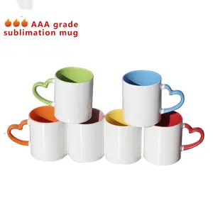 Hot sale customized 11oz 15oz plain blank white ceramic coffee mug sublimation cup inner colored coated with heart shaped handle