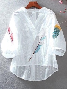 Camicette di pizzo di cotone allentato Top estivo camicia da donna ricamo floreale con scollo a v camicia con maniche a lanterna temperamento camicia sottile femminile - Product Image 2