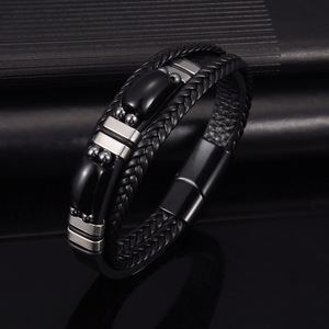 Obsidian <b>Leather</b> <b>Bracelet</b> 7.5 8.5 9 Inches Stainless Steel Magnetic Clasp Men's Jewelry Gift - Product Image 2