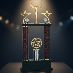 Trofeo de Metal Fundido a Presión Dorado con Diseño de Estrella, Columnas Rojas Moteadas, Impresión UV y Grabado Láser para Premios Deportivos - Product Image 1