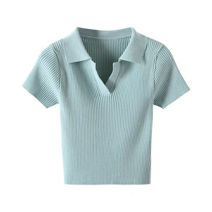 Polo de Punto para Mujer, Manga Corta, Color Rosa Sólido, Corte Ajustado, Cintura Alta, Estilo Veraniego - Product Image 3