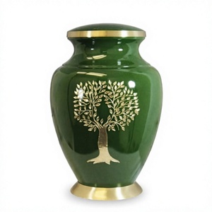 Urne en métal Arbre de Vie avec design inspiré de la nature, finition vert foncé et or, vase commémoratif avec couvercle - Product Image 3