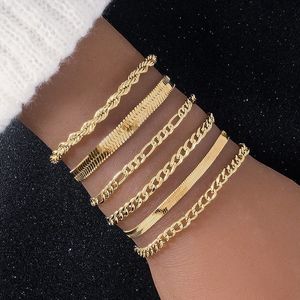 مجموعة من 5 أساور سلسلة فيجارو من الفولاذ المقاوم للصدأ للنساء مجوهرات دلاية معدنية ذهبية بسيطة وعصرية - Product Image 1