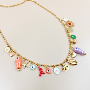 Collana <span class=keywords><strong>con</strong></span> ciondolo fai da te in ceramica smaltata e acciaio inossidabile stile Bohemia, <span class=keywords><strong>con</strong></span> perline e ciondoli a forma di croce, cuore, pesce, conchiglia e stella marina in <span class=keywords><strong>corallo</strong></span> rosso, idea regalo - Product Image 4