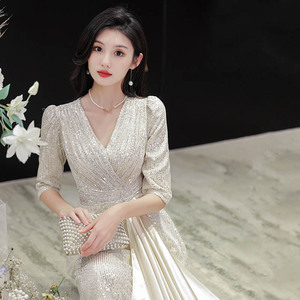 Champagne Gold Evening Gown V-Neck Long Sleeve Wrap Tie Formal Dress For Banquet And Ceremony - Product Image 3