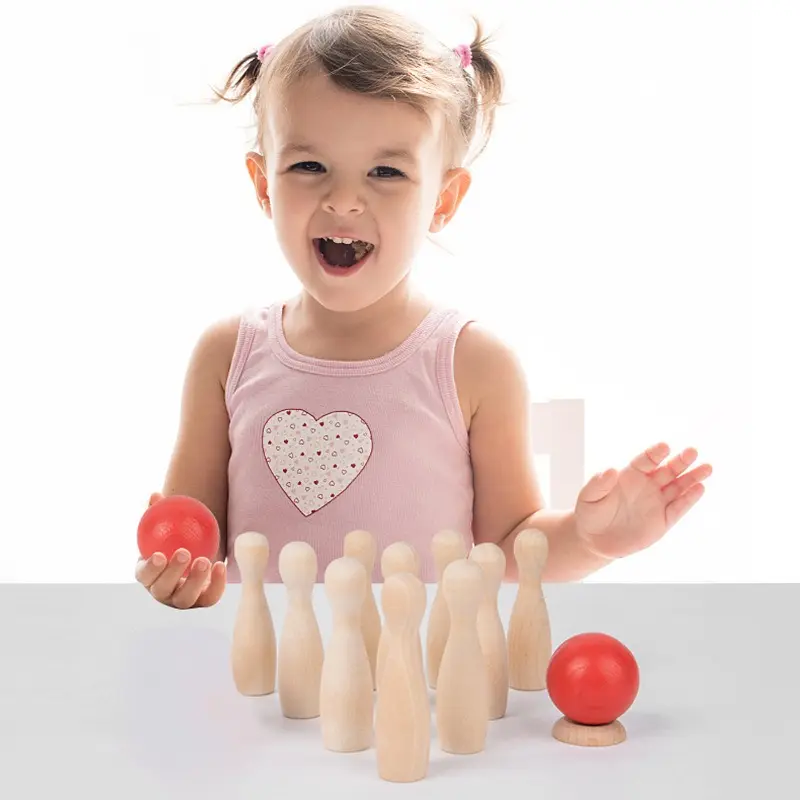Mini Bola de bolos de juguete de madera innovadora de grado superior para niños, Mini juguete de bolos de madera colorido de gran oferta W01A125