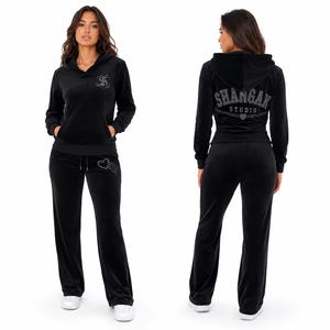 Custom <strong>Women's</strong> Velvet <strong>Longline</strong> <strong>Zip</strong> Up <strong>Hoodie</strong> Rhinestone Full Length Sweatpants Two Piece Set Streetwear Tracksuit OEM Wholesale - Product Image 2