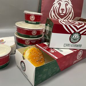 Venta al por mayor logotipo personalizado impreso personalizado envasado de alimentos patata hamburguesa artesanía papel Kraft marrón con asa papel desechable - Product Image 6