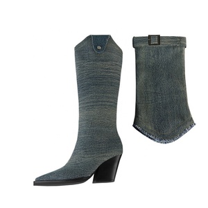 Talla grande 46 <span class=keywords><strong>Cow</strong></span> <span class=keywords><strong>Boy</strong></span> estilos occidentales mujeres Denim <span class=keywords><strong>botas</strong></span> hasta la rodilla cuña tacones gruesos superposición botines hebillas pantalones zapatos - Product Image 6
