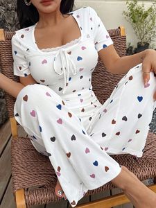 Conjunto de pijama acanalado con estampado de corazones para mujer, top con cuello cuadrado y lazo de encaje, pantalones de pierna ancha de cintura alta, ropa de descanso informal y dulce, tallas S-XL, varios colores - Product Image 6