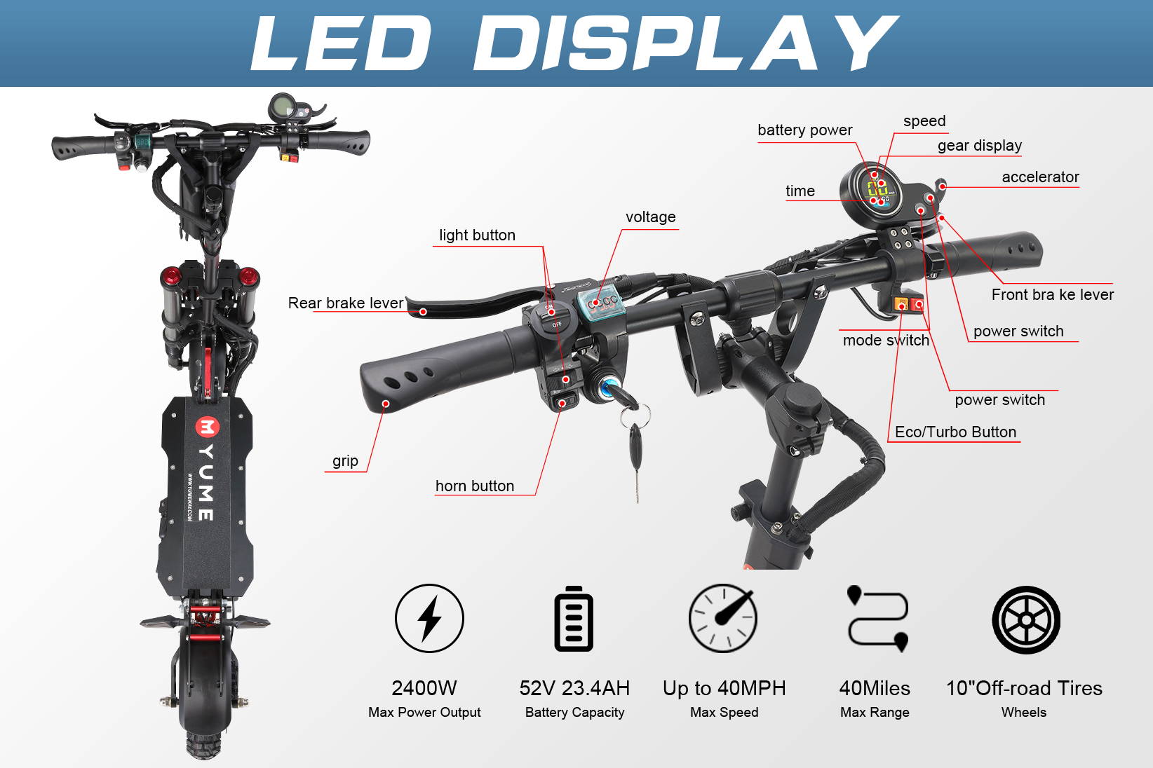 YUME 2400W Dual Motor Electric Fat Tire Scooter 60km Range