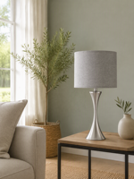 Lampe de table en lin gris avec base en nickel brossé et abat-jour en tissu, lampe de chevet à une lumière, lampe de table à tête unique avec abat-jour en lin