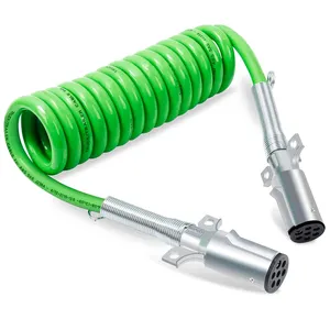 7 Way Coiled Trailer Cord 15 FT Green ABS Electrical Power Coil Heavy Duty Cable Power Wire for Semi Trucks Tractors